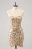 Glitzernde goldene Spaghettiträger Bodycon Homecoming-Kleid mit Pailletten