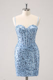 Glitzerndes blaues enges Pailletten-Spaghettiträger-Homecoming-Kleid