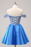 Funkelndes blaues schulterfreies Homecoming-Kleid aus Satin in A-Linie mit Perlen