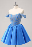 Funkelndes blaues schulterfreies Homecoming-Kleid aus Satin in A-Linie mit Perlen