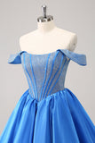 Funkelndes blaues schulterfreies Homecoming-Kleid aus Satin in A-Linie mit Perlen