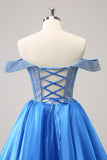 Funkelndes blaues schulterfreies Homecoming-Kleid aus Satin in A-Linie mit Perlen