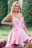 Niedliches rosa A Line trägerloses perlenbesetztes Korsett-Rüschen-Homecoming-Kleid mit Schleifen