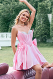 Niedliches rosa A Line trägerloses perlenbesetztes Korsett-Rüschen-Homecoming-Kleid mit Schleifen