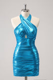 Metallisches enges Neckholder-Backless Satin Blaues Homecoming-Kleid aus Satin