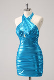 Metallisches enges Neckholder-Backless Satin Blaues Homecoming-Kleid aus Satin