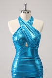 Metallisches enges Neckholder-Backless Satin Blaues Homecoming-Kleid aus Satin