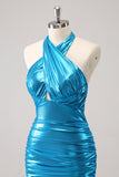 Metallisches enges Neckholder-Backless Satin Blaues Homecoming-Kleid aus Satin