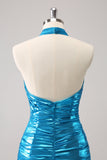 Metallisches enges Neckholder-Backless Satin Blaues Homecoming-Kleid aus Satin