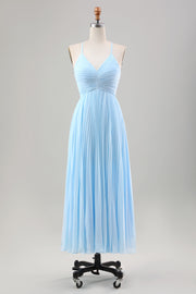 Himmelblaues A-Linien-Plissee-Chiffon-Hochzeitsgastkleid