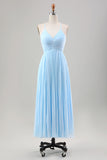 Himmelblaues A-Linien-Plissee-Chiffon-Hochzeitsgastkleid