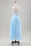 Himmelblaues A-Linien-Plissee-Chiffon-Hochzeitsgastkleid