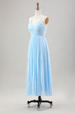 Himmelblaues A-Linien-Plissee-Chiffon-Hochzeitsgastkleid