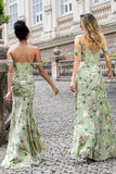 Grüne Blume A Linie Spaghettiträger Print Langes Hochzeitsfeier-Gästekleid mit Schlitz