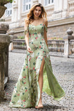 Grüne Blume A Linie Spaghettiträger Print Langes Hochzeitsfeier-Gästekleid mit Schlitz