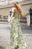 Grüne Blume A Linie Spaghettiträger Print Langes Hochzeitsfeier-Gästekleid mit Schlitz