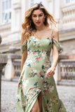 Grüne Blume A Linie Spaghettiträger Print Langes Hochzeitsfeier-Gästekleid mit Schlitz