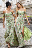 Grüne Blume A Linie Spaghettiträger Print Langes Hochzeitsfeier-Gästekleid mit Schlitz