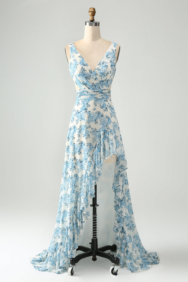 Laden Sie das Bild in den Galerie-Viewer, Weiß Blaue Blume Eine Linie Rüschen High-Low Hochzeitsgastkleid