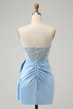 Glitzerndes blaues, figurbetontes Korsett-Homecoming-Kleid mit Perlen