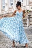 Weiß Blau Blume A Linie Spaghettiträger Maxi Hochzeit Party Gästekleid