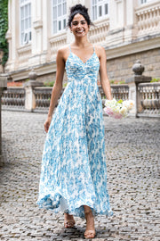 Weiß Blau Blume A Linie Spaghettiträger Maxi Hochzeit Party Gästekleid