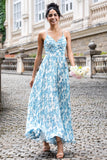 Weiß Blau Blume A Linie Spaghettiträger Maxi Hochzeit Party Gästekleid