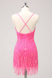 Glitzerndes Hot Pink Pailletten Enges Homecoming-Kleid mit V-Ausschnitt und Fransen