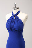 Glitzerblaues Neckholder-Bodycon-Meerjungfrauen-Brautkleid