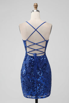 Königsblaues, figurbetontes kurzes Homecoming-Kleid mit Pailletten und Schnürung am Rücken