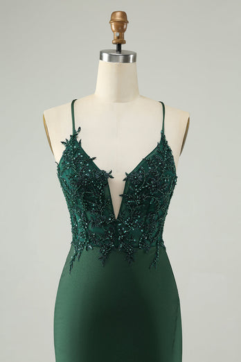 Glitzerndes dunkelgrünes enges Homecoming-Kleid mit V-Ausschnitt und Perlen