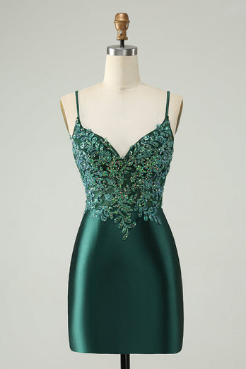 Glitzerndes dunkelgrünes kurzes Homecoming-Kleid mit V-Ausschnitt und Pailletten