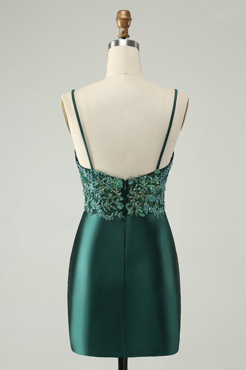 Laden Sie das Bild in den Galerie-Viewer, Glitzerndes dunkelgrünes kurzes Homecoming-Kleid mit V-Ausschnitt und Pailletten