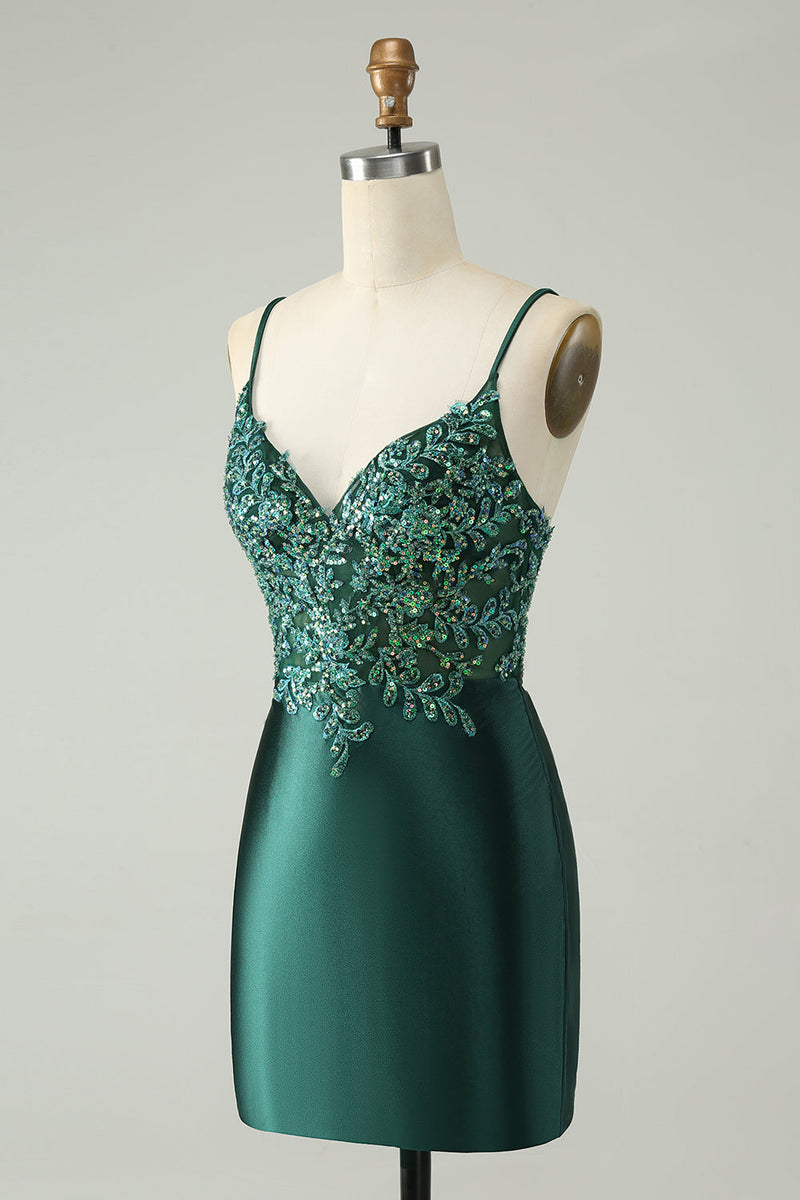 Laden Sie das Bild in den Galerie-Viewer, Glitzerndes dunkelgrünes kurzes Homecoming-Kleid mit V-Ausschnitt und Pailletten