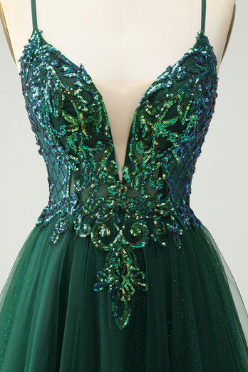 Glitzerndes dunkelgrünes A-Linien-Kleid mit Paillettenapplikationen und V-Ausschnitt