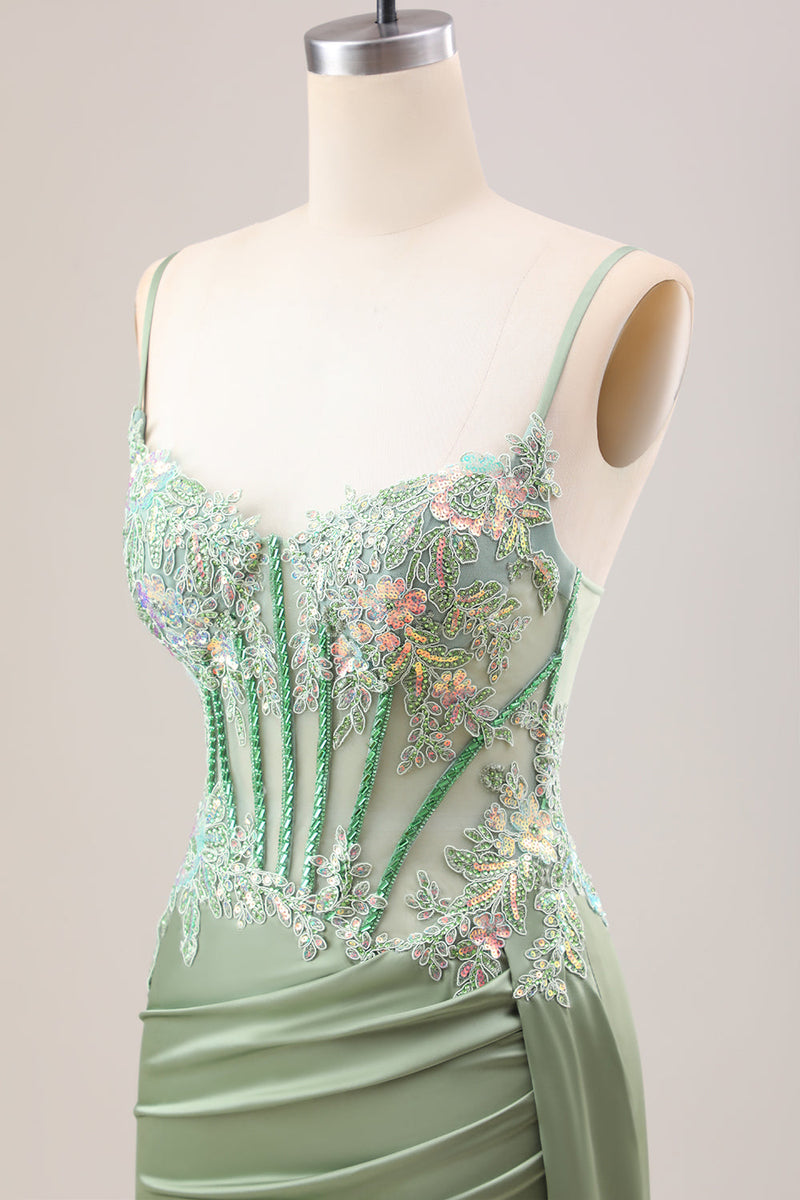 Laden Sie das Bild in den Galerie-Viewer, Stilvolles lila Meerjungfrau plissiertes Paillettenkorsett Langes Ballkleid mit Schlitz