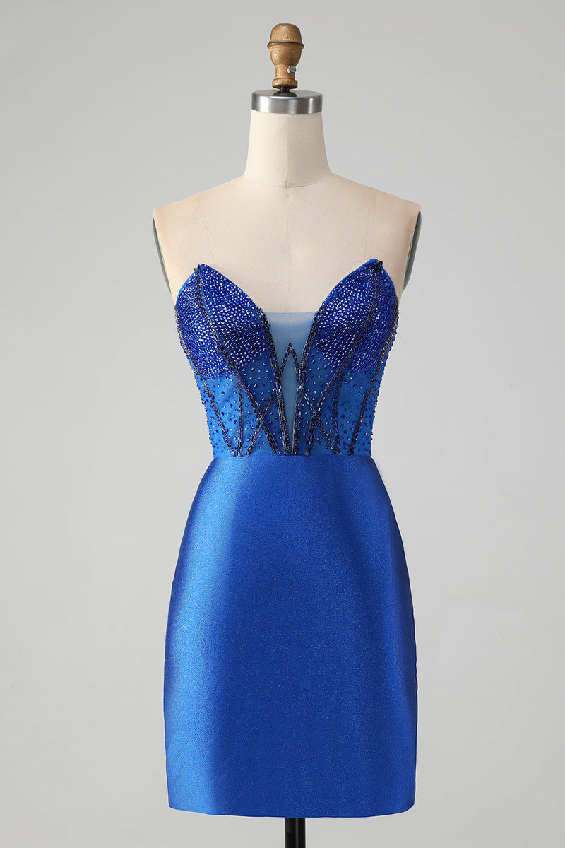 Laden Sie das Bild in den Galerie-Viewer, Glitzerndes königsblaues, figurbetontes, trägerloses kurzes Homecoming-Kleid mit Perlenstickerei