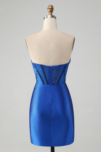 Glitzerndes königsblaues, figurbetontes, trägerloses kurzes Homecoming-Kleid mit Perlenstickerei