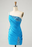 Blaues, figurbetontes One-Shoulder-Homecoming-Kleid aus Satin mit Pailletten