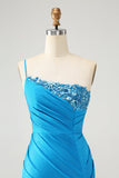 Blaues, figurbetontes One-Shoulder-Homecoming-Kleid aus Satin mit Pailletten