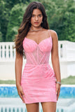 Glitzerndes rosa Korsett Enges kurzes Homecoming-Kleid mit Spitze