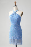 Glitzerndes königsblaues, figurbetontes Neckholder-Pailletten-Kurzes Homecoming-Kleid mit Quaste