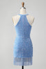 Laden Sie das Bild in den Galerie-Viewer, Glitzerndes königsblaues, figurbetontes Neckholder-Pailletten-Kurzes Homecoming-Kleid mit Quaste
