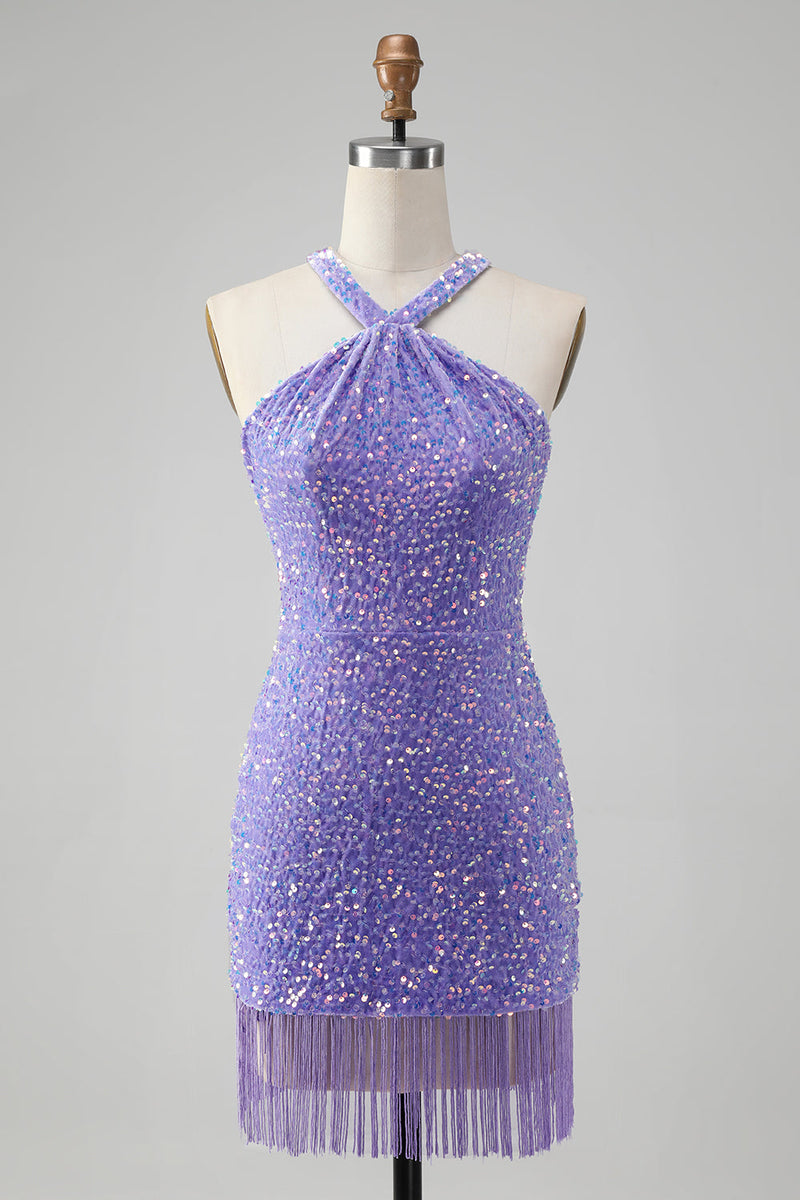 Laden Sie das Bild in den Galerie-Viewer, Glitzerndes lila Bodycon Neckholder Quaste Kurzes Homecoming-Kleid mit Pailletten