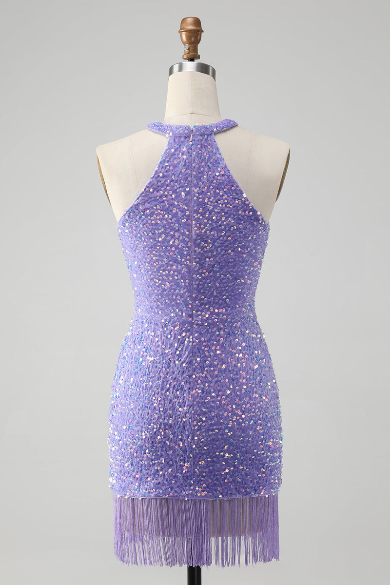 Laden Sie das Bild in den Galerie-Viewer, Glitzerndes lila Bodycon Neckholder Quaste Kurzes Homecoming-Kleid mit Pailletten