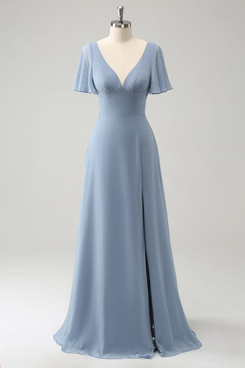 Graublaues langes Brautjungfernkleid aus Chiffon mit V-Ausschnitt und hohlem Rücken