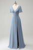 Laden Sie das Bild in den Galerie-Viewer, Graublaues langes Brautjungfernkleid aus Chiffon mit V-Ausschnitt und hohlem Rücken