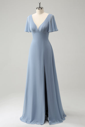 Graublaues langes Brautjungfernkleid aus Chiffon mit V-Ausschnitt und hohlem Rücken