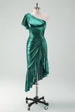 Dunkelgrünes Metallic-One-Shoulder-Meerjungfrauen-Cocktailkleid mit Rüschen