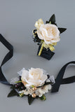 Luxus Schwarz Weiß Homecoming Corsage am Handgelenk und Herren Boutonniere Set